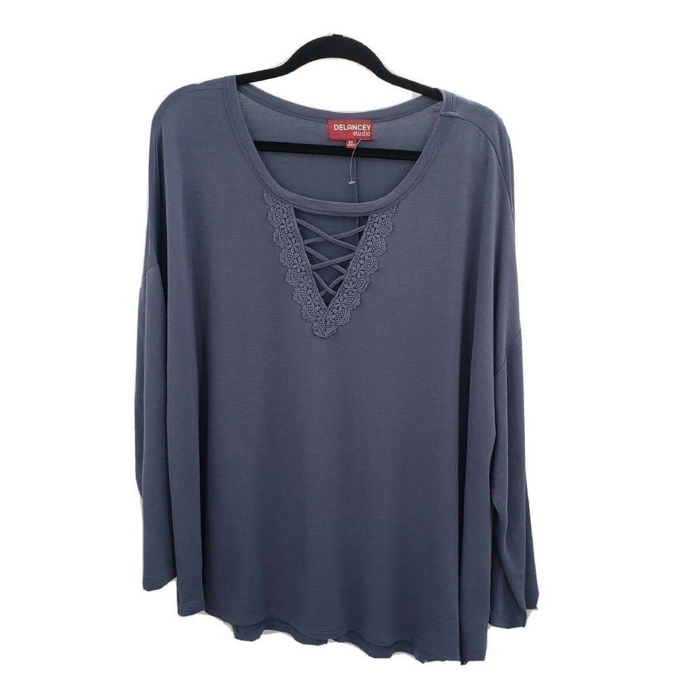 Delancey studio blue knit Top womens plus size 2x caged neckline long sleeve
